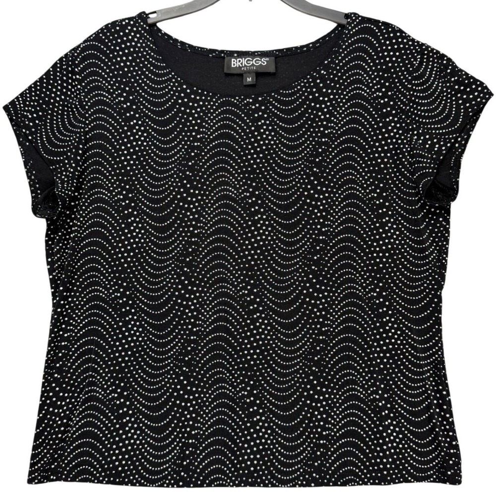 Briggs New York Womens Petite Medium Polka Dot Wave Short Sleeve Black White Top